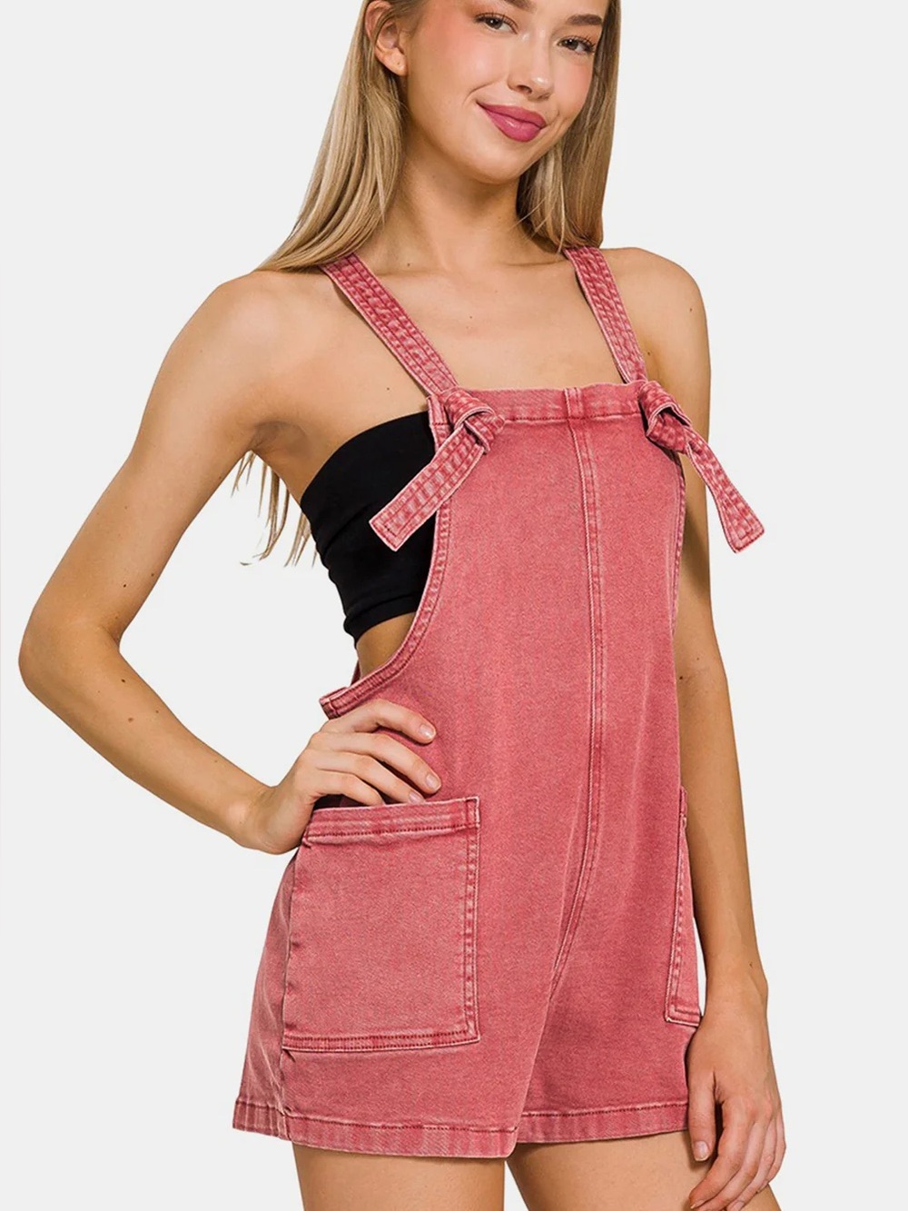 Zenana Washed Knot Strap Romper